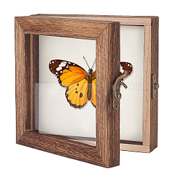 白いEVAフォームマットが入った木製ジュエリープレゼンテーションボックス  フラップカバー昆虫標本展示ケース、目に見えるアクリル窓付き  正方形  ココナッツブラウン  14.85x14.85x4.7cm