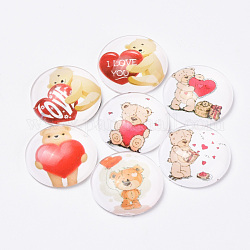 Cabochons en verre imprimé à dos plat, dôme / demi-rond, ours avec motif de coeur, couleur mixte, 18x5mm