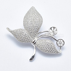 925 Sterling Silber Zirkonia Brosche Zubehör, für die Hälfte gebohrt Perlen, Schmetterling, Platin Farbe, 40.5x43x4 mm, Fach: 4~6 mm, Stift: 0.7 mm