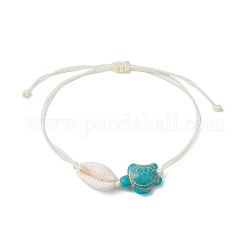 Bracelet de perles tressées en tortue turquoise synthétique et coquillage naturel, bracelet réglable, turquoise, diamètre intérieur: 3-1/2 pouce (8.75 cm)