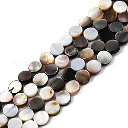 Natural Black Lip Shell Beads Strands, Flat Round, 6x1.5~2mm, Hole: 0.9mm, about 68pcs/strand, 15.28 inch(38.8cm)