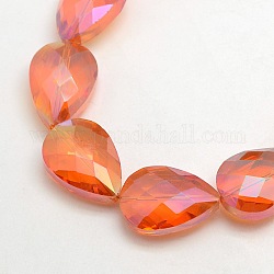 Electroplate Crystal Glass Teardrop Beads Strands, Faceted, Rainbow Color Plated, Coral, 24x17x11mm, Hole: 1mm, about 30pcs/strand, 28.3 inch