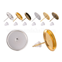 Brass Ear Studs Settings, with Plastic Ear Nuts/Earring Backs, Antique Bronze & Golden & Silver Color Plated, Tray: 12mm, 12mm, Pin: 0.7mm, 30pcs/set