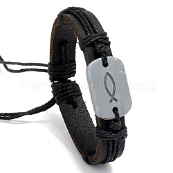 Rectangle en alliage avec bracelet à maillons poisson Jésus, bracelet réglable en cuir de vache, noir, 6-3/4~7-1/8 pouce (17~18 cm)