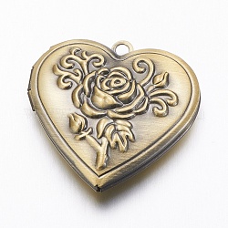 Подвески латуни медальон, Сердце с розой, щеткой античная бронза, 29x29x7.5 мм, отверстие : 2 мм