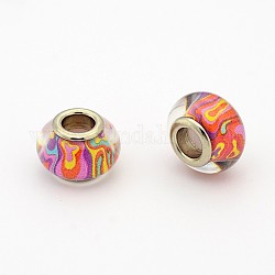 Handmade Polymer Clay Enamel Large Hole Rondelle European Beads, with Platinum Brass Double Cores, Colorful, 14x9mm, Hole: 5mm