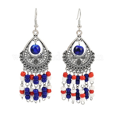 Серьги-люстры из сплава стеклянных бусин в форме слезы EJEW-JE06509-1