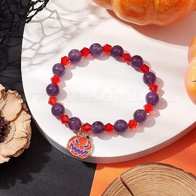Эластичные браслеты круглые из натурального аметиста и стеклянных бусин диаметром 8 мм для Хэллоуина BJEW-JB10701-1