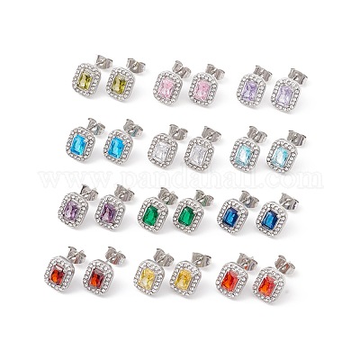 Прямоугольные серьги-гвоздики с кубическим цирконием и стразами EJEW-A080-01M-P-1