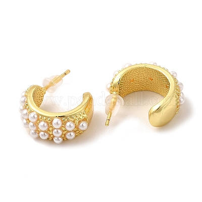 Серьги-гвоздики из латуни с-образной формы с пластиковой имитацией жемчуга для женщин EJEW-G342-06G-1