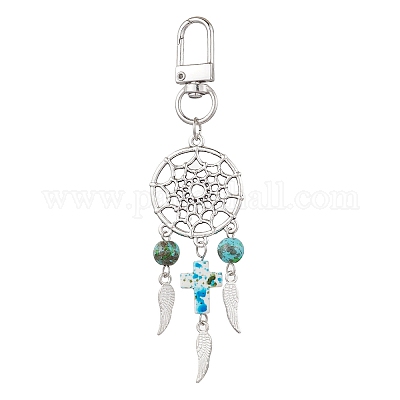 4 шт. плетеная сетка/паутина с крылом сплава и синтетической бирюзой крест круглый кулон украшение HJEW-JM03055-1