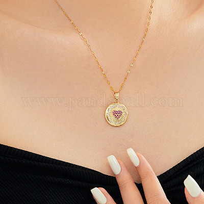 Элегантные модные латунные прозрачные и ярко-розовые кубические цирконии круглые ожерелья в форме сердца для женщин RR6975-1-1