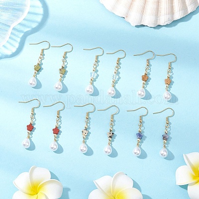 Серьги-подвески с цветком и каплей из нержавеющей стали 304 из АБС-пластика с имитацией жемчуга EJEW-JE06419-1