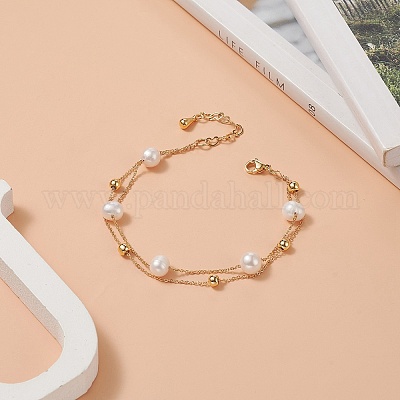 Двухслойный многорядный браслет с бусинами из натурального жемчуга BJEW-TA00243-1