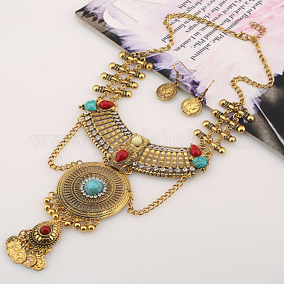 Комплект из ожерелья и серег-подвесок в стиле ретро с плоскими круглыми кристаллами FS-WG19660-01-1