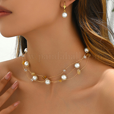 Наборы из многослойных ожерелий и серег из натуральных драгоценных камней и стеклянных круглых бусин для женщин DF6883-1