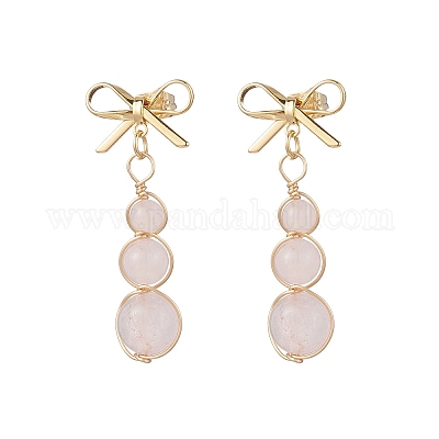 Серьги-гвоздики с круглыми подвесками и бантом из натурального розового кварца EJEW-JE06780-01-1