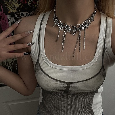 Ожерелья-чокеры с кисточками из латуни и сплава со стразами в форме звезд FS-WGAD64A-01-1