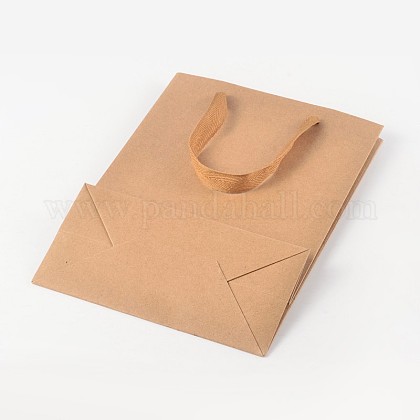 ハンドル付き長方形クラフト紙袋  小売ショッピングバッグ  茶色の紙袋  グッズバッグ  贈り物  パーティーバッグ  ナイロンコードハンドル付き  バリーウッド  16x12x5.7cm AJEW-L048A-02-1