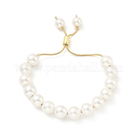 Shell Pearl Beaded Slider Bracelet with Brass Snake Chain BJEW-B066-01B-03-1