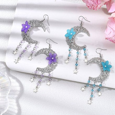 2 пара серег-подвесок из сплава и железа в форме луны с цветком EJEW-JE06766-1