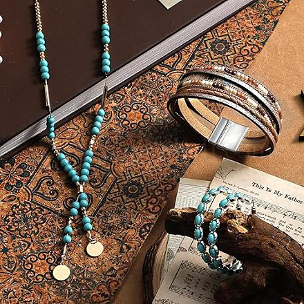 Комплект из ожерелья и серег-гвоздиков из сплава и синтетической бирюзы с круглыми бусинами FS-WGF9BFC-01-1