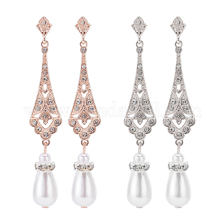 ANATTASOUL 2 Pairs 2 Colors Plastic Pearl Dangle Stud Earrings with Rhinestone EJEW-AN0004-19-1
