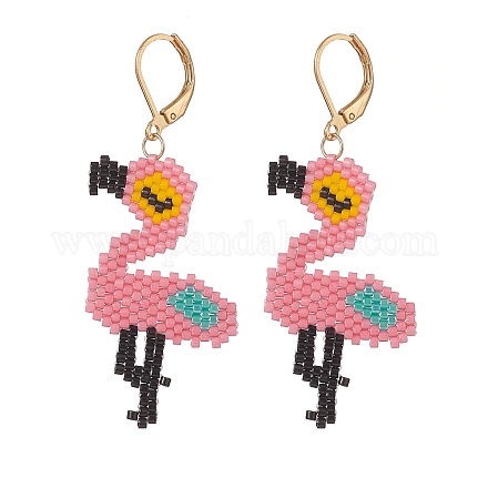 Glass Seed Braided Flamingo Dangle Leverback Earrings EJEW-MZ00041-1