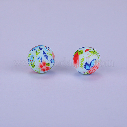 Bedruckte runde Fokalperlen aus Silikon mit Blumenmuster SI-JX0056A-113-1