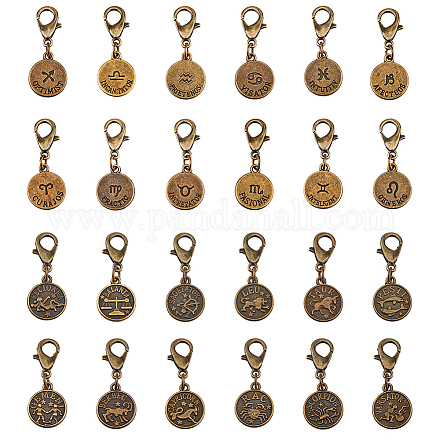 SUPERFINDINGS 48pcs Clip On Charms 12 Constellations Zipper Pulls Tibetan Style Alloy Constellations Pendant Decorations Antique Bronze Alloy Clasp HJEW-FH0001-37-1