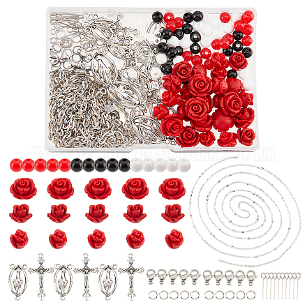 SUPERFINDINGS 30pcs Cinnabar Carved Rose Bead Red Rose Flower Beads with 60pc Acrylic Round Bead 20pcs Alloy Pendants Links and Other Accessories Religion Rosary Making Necklace DIY Making Kit DIY-FH0004-05-1