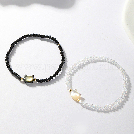 Set di braccialetti elasticizzati con perline di gatto e perline naturali in 2 colori di 2 colori LJ6864-1