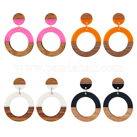 3 пара двухцветных серег-гвоздиков из смолы и дерева в форме пончика с булавками из хирургической нержавеющей стали 316 EJEW-FI0002-47-1