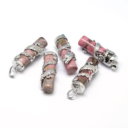 Column with Dragon Platinum Plated Brass Natural Rhodonite Pendants G-F228-23B-RS-1