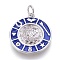 Brass Enamel Pendants, with Micro Pave Cubic Zirconia, Flat Round with Moon, Blue, Platinum, 20x18x2.5mm, Hole: 3.5mm