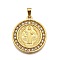 304 Stainless Steel Pendants, with Rhinestone, Religious Theme, PVD Vacuum Plating, Saint, Golden, Flat Round, 32x28x2.5mm, Hole: 3x7mm