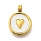 Ion Plating(IP) 304 Stainless Steel Pave Shell Pendants, Flat Round with Heart Charms, Real 14K Gold Plated, 15.5x12x4mm, Hole: 2.8mm