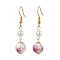 Printed Porcelain & Shell Pearl Dangle Earrings for Women, with Iron Earring Hooks, Golden, 45x12mm