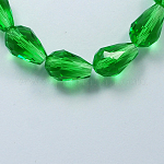 Glass Beads Strands, Faceted, teardrop, Green, 15x10mm, Hole: 2mm, about 48pcs/strand, 27.56 inch(70cm)