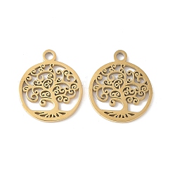 Colgante plano y redondo de acero inoxidable 304 con dijes de árbol de la vida cortados con láser., real 14k chapado en oro, 14.5x12x1mm, agujero: 1.4 mm