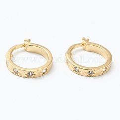 Orecchini a cerchio in ottone con zirconi cubici chiari micro pavè, Anello con stella, vero placcato oro 18k, 15x16x3mm, ago :1x0.8mm