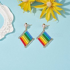Orecchini pendenti a forma di rombo intrecciato con semi giapponesi con perla di plastica con perline&nbsp;EJEW-TA00170