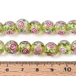 手作りの箔ガラスビーズ連売り  ラウンド  インナー花と  黄緑  9.5~10.5mm  穴：1.2~1.6mm  約38~40個/連  13.98~14.76インチ（35.5~37.5cm）&nbsp;FOIL-N033-04D