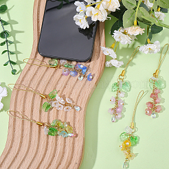 ガラス＆アクリル携帯ストラップ 6色 6個  プラスチックモバイル防塵プラグ付き  花  ゴールドカラー  ミックスカラー  107mm  1個/スタイル&nbsp;HJEW-SC0002-90