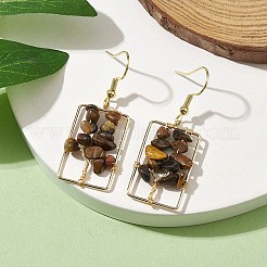 天然タイガーアイチップツリーダングルイヤリング  長方形の本物の18Kゴールドメッキ真鍮ドロップイヤリング、304ステンレススチールイヤリングピン付き  44x16.5~17mm&nbsp;EJEW-JE05734-02