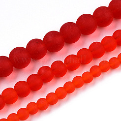 透明ガラスビーズ連売り  艶消し  ラウンド  レッド  6~6.5mm  穴：1.4mm  約67~70個/連  14.76インチ〜15.16インチ（37.5~38.5cm）&nbsp;X-GLAA-T032-T6mm-MD09