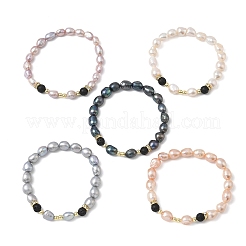 Elastische Armbänder aus natürlichen Süßwasserzuchtperlen und Lavasteinperlen für Damen&nbsp;BJEW-JB13714