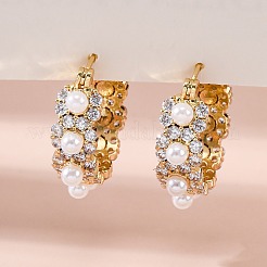 Серьги-кольца из искусственного жемчуга с цветком из латуни и АБС-пластика EJEW-R016-22G