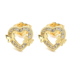 Серьги-гвоздики с сердцем и бабочкой из латуни с микропаве из прозрачных кубических цирконий&nbsp;EJEW-D305-01G