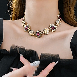 Женские ожерелья из прямоугольной цепи со стразами цвета фуксии и светло-лиловым сплавом&nbsp;FS-WG14885-02